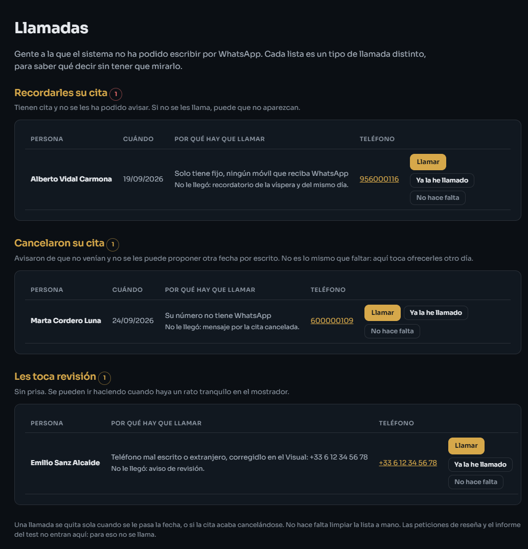 Pantalla de Llamadas con una lista por motivo