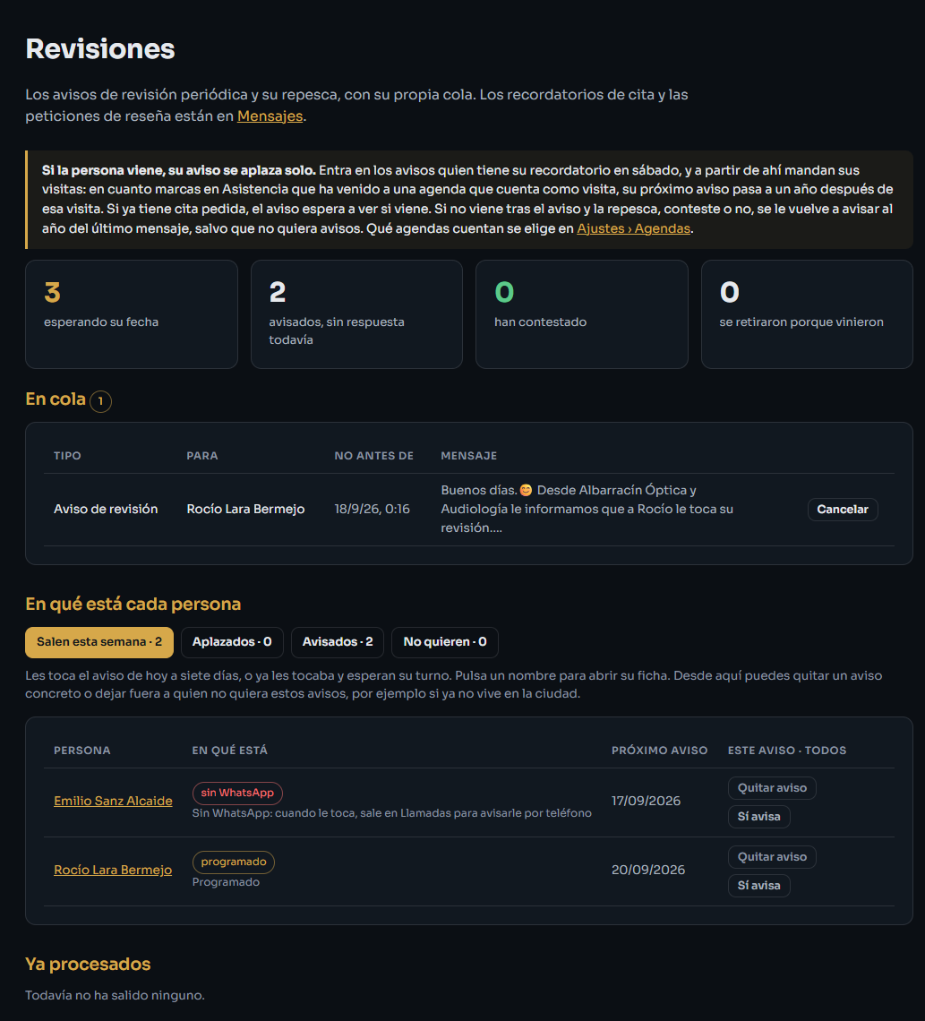 Pantalla de Revisiones con la cola y la lista de personas